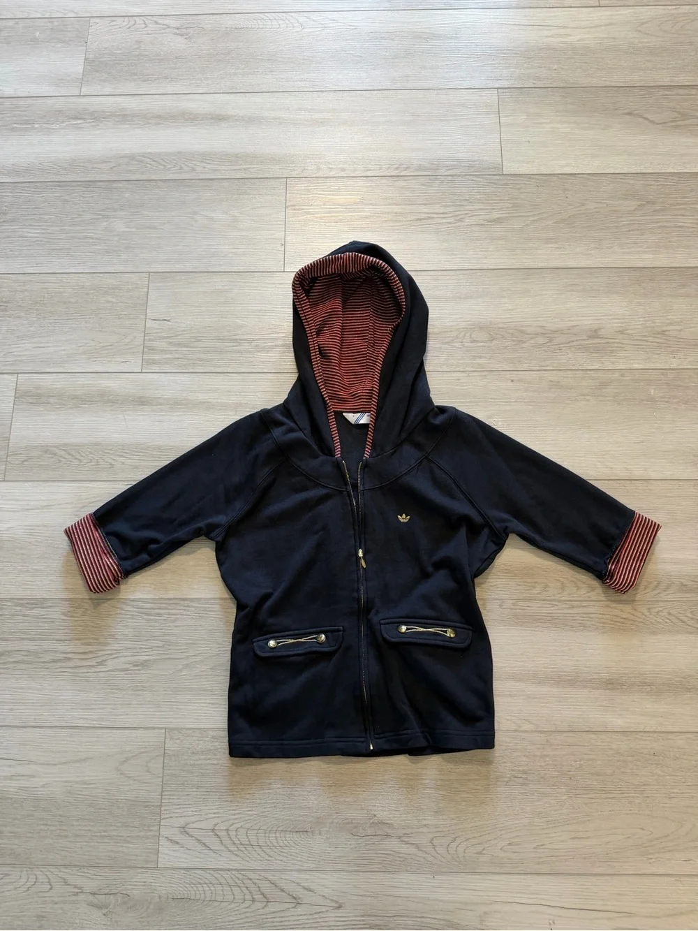 Adidas Girls Y2K Jacket Sz M Black Gold Crest Hood Bamboo Cotton School Travel
